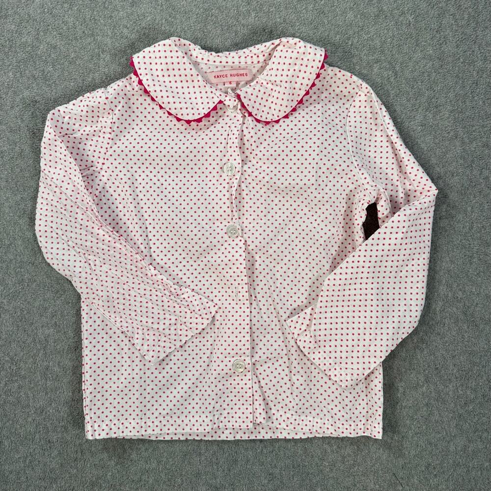 Kayce Hughes Girls 6 Button Front Blouse Pink Polka Dot Collared Scallop Trim